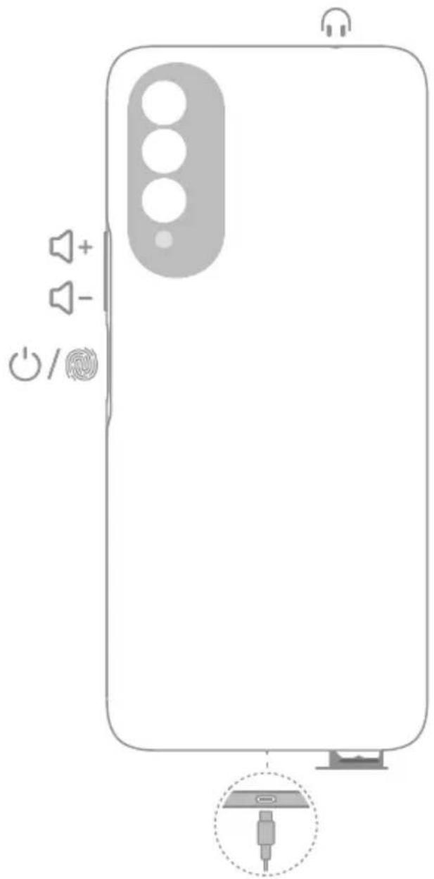 Diagram of a smartphone rear panel with speaker icons and power button labels, showing front panel and side panel layout.