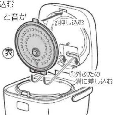 と音が ①外ぶたの 溝に差し込む 表 ②押し込む