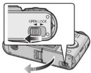 LEICA C-LUX 1 - Slide the release lever in the direction of arrow and open the card/battery door. - 1