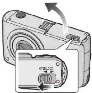 LEICA C-LUX 1 - Slide the release lever in the direction of the arrow and open the card/battery door. - 1