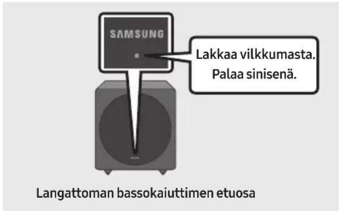SAMSUNG Lakkaa vilkkumasta. Palaa sinisenä. Langattoman bassokaiuttimen etuosa