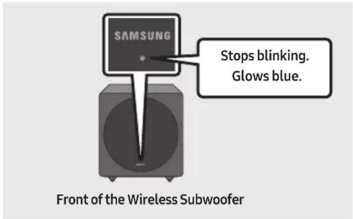 SAMSUNG Stops blinking. Glights blue. Front of the Wireless Subwoofer