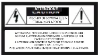ATTENZIONE CAUTION RISCHIO DI SCOSSOA ELETTRICA NON APRIRE ATTENZIONE PER RIDURE LIRISHO DI INCENO O DI SCOSSOA ELETTRICAN NON RIMOXIERE IL COPERCHO O IL PANNELLO POSTENDE LINTERNO NON CONTENZE PARTI CHE POSsono ESSEERE RIPARATE DELLUTENTE POME ASSISTENZA TECNICA UNO CHESI APPESIONALE QUALIFICATO