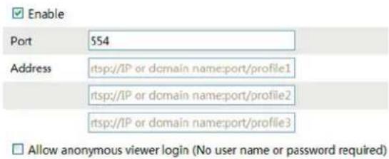 Enable Port 554 Address rtsp://IP or domain name:port/profile1 rtsp://IP or domain name:port/profile2 rtsp://IP or domain name:port/profile3 Allow anonymous viewer login (No user name or password required)
