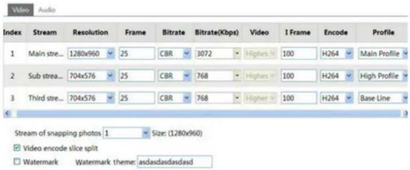 Video Audio Index Stream Resolution Frame Bitrate Bitrate(Kbps) Video I Frame Encode Profile 1 Main stre... 1280x960 25 CBR 3072 Higher 100 H264 Main Profile 2 Sub strea... 704x576 25 CBR 768 Higher 100 H264 High Profile 3 Third stre... 704x576 25 CBR 768 Higher 100 H264 Base Line Stream of snapping photos 1 Size: (1280x960) ✓ Video encode slice split □ Watermark Watermark theme: asdasdasdasdasd