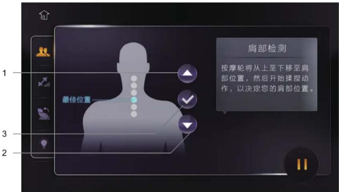肩部检测 按摩轮将从上至下移至肩部位置,然后开始揉捏动作,以决定您的肩部位置。 1 最佳位置 2 3
