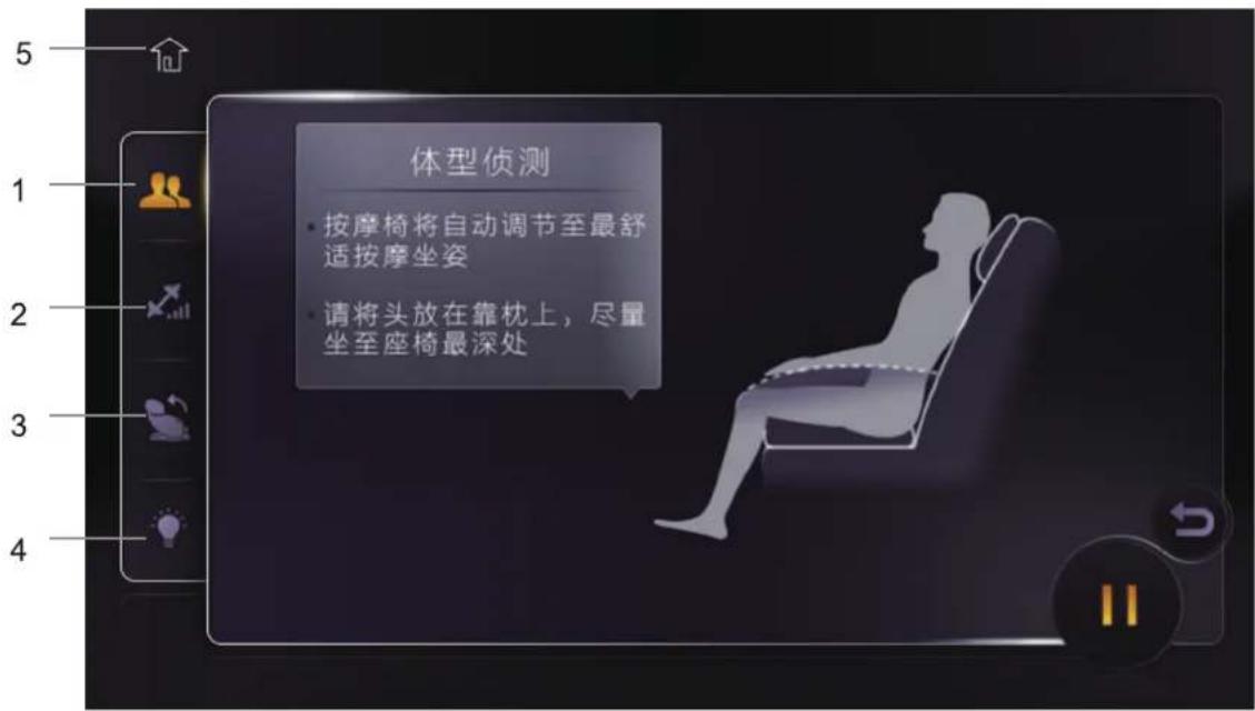 体型侦测 • 按摩椅将自动调节至最舒适按摩坐姿 • 请将头放在靠枕上,尽量坐至座椅最深处
