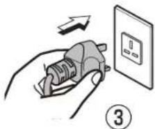 Diagram showing hand holding plug connected to a wall-mounted switch with an arrow indicating direction, labeled with number 3.