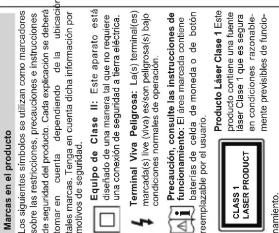 Marcas en el producto Los siguientes símbolos se utilizan como marcadores sobre las restricciones, precauciones e instrucciones de seguridad del producto. Cada explicación se deberá tomar en cuenta dependiendo de la ubicación tales marcas. Tenga en cuenta dicha información por motivos de seguridad.…