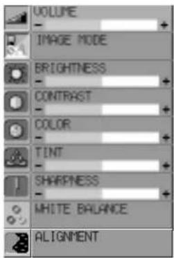 VOLUME - IMAGE MODE BRIGHTNESS - CONTRAST - COLOR - TINT - SHARPNESS - WHITE BALANCE - ALIGNMENT