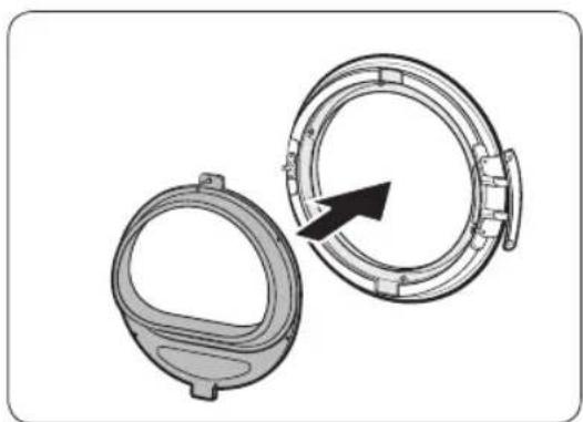 Two mechanical components with circular features, one open and one closed, showing a black arrow indicating direction (no text or symbols)