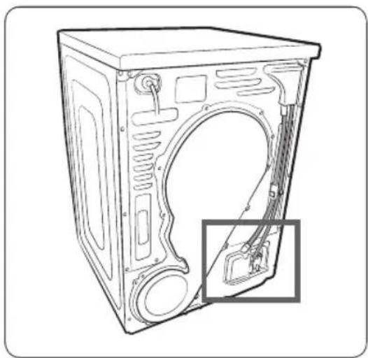 Line drawing of a front view of a washing machine casing with internal components and a close-up inset showing a component detail (no text or symbols)