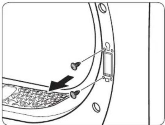Technical diagram showing a door handle with screw fasteners and a switch, indicating assembly or repair process.