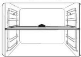 Line drawing of a minimalist room interior with a central table and symmetrical doors (no text or symbols)