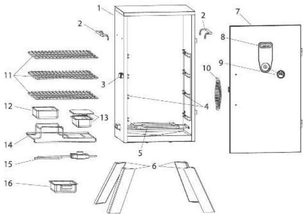 Exploded view diagram of a refrigerator with numbered parts for identification and assembly reference.