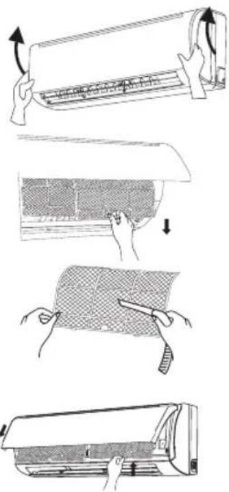 Illustration showing four steps of hair cleaning a car air conditioner, with arrows indicating direction and shading changes.