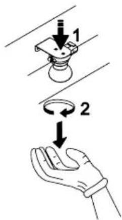 Diagram illustrating two steps of a mechanical or electrical device operation, labeled 1 and 2, with arrows indicating direction.