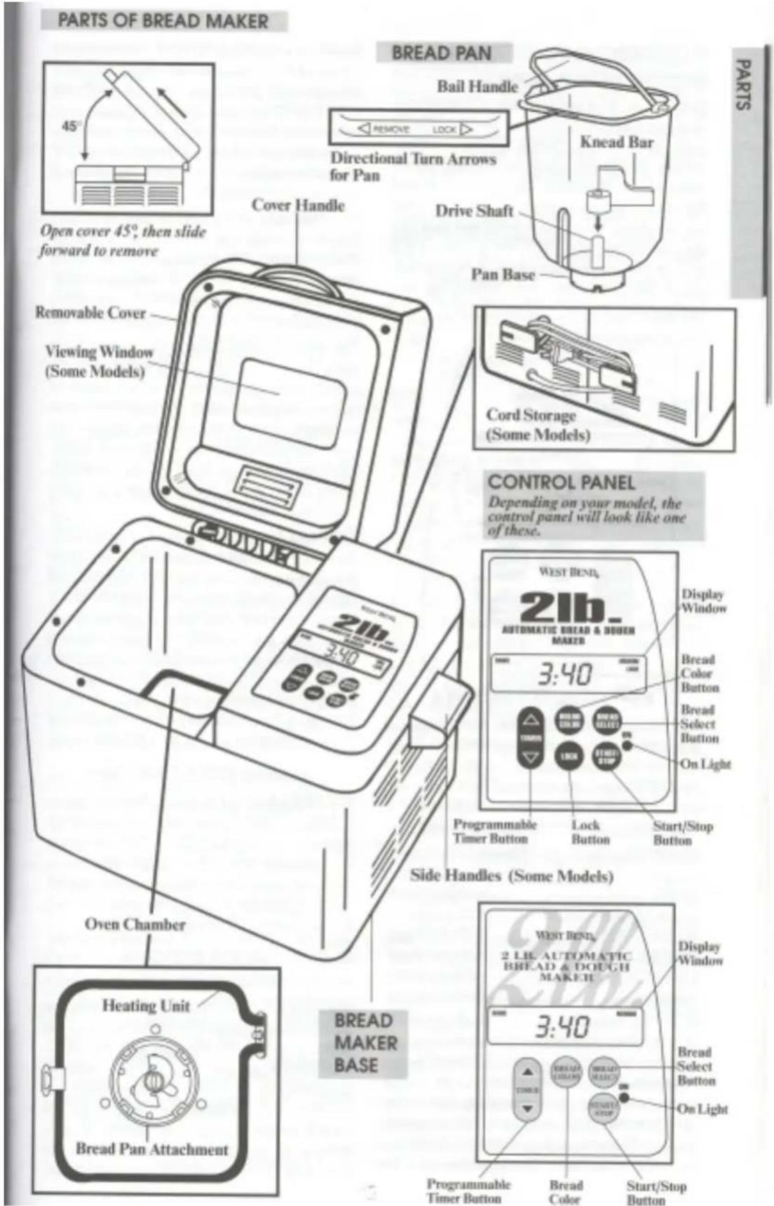 PARTS OF BREAD MAKER BREAD PAN Bail Handle REMOVE LOCK Directional Turn Arrows for Pan Drive Shaft Pan Base Cord Storage (Some Models) CONTROL PANEL Depending on your model, the control panel will look like one of these. Cover Handle Open cover 45°, then slide forward to remove Removable Cover Viewing Window (Some Models) 2lb 3:40 Side Handles (Some Models) Oven Chamber BREAD MAKER BASE HEATING Unit Bread Pan Attachment WEST BENTL. 2 Llc AUTOMATIC BREAD & DOUGH MAKER Display Window 3:40 Programmable Timer Button Lock Button Start/Stop Button Bread Color Button Bread Select Button On Light WIREA SWITCH BREAKER BREAD SELECT START/Stop Button Programmable Timer Button Bread Color Start/Stop Button