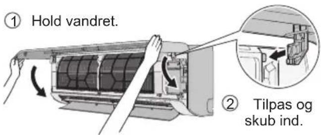 ① Hold vandret. ② Tilpas og skub ind.
