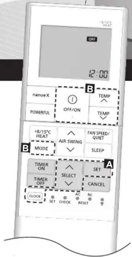 +8/15°C HEAT OFF 12:00 B nanoeX OFF/ON TEMP POWERFUL TEMP +8/15°C HEAT AIR SWING FAN SPEED/ QUIET MODE SLEEP A TIMER ON SELECT SET TIMER OFF CANCEL CLOCK SET CHECK AC RC RESET
