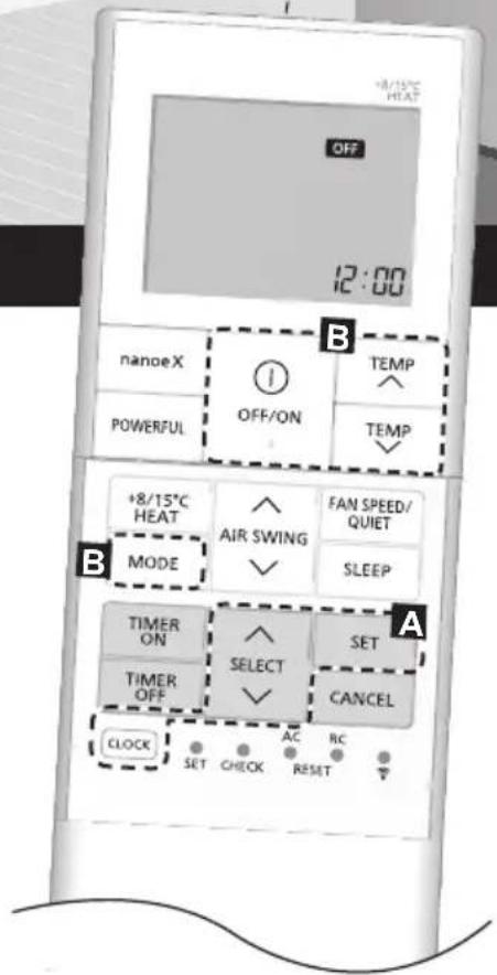 OFF 12:00 B nanoeX OFF/ON TEMP POWERFUL TEMP +8/15°C HEAT AIR SWING FAN SPEED/ QUIET MODE SLEEP A TIMER ON SELECT SET TIMER OFF CANCEL CLOCK SET CHECK AC RC RESET