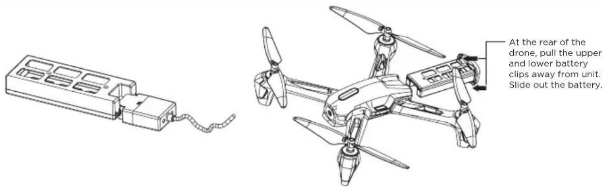 At the rear of the drone, pull the upper and lower battery clips away from unit. Slide out the battery.