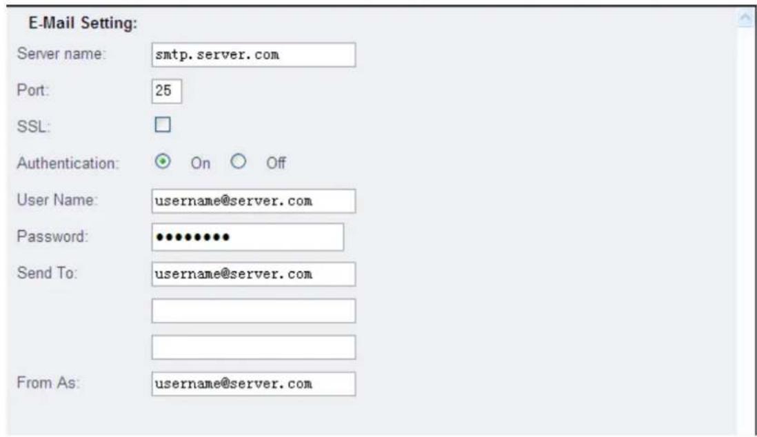 E-Mail Setting: Server name: smtp.server.com Port: 25 SSL: Authentication: On Off User Name: username@server.com Password: ************ Send To: username@server.com From As: username@server.com