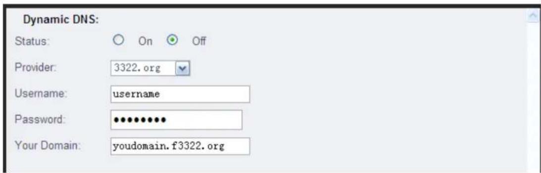 Dynamic DNS: Status: On Off Provider: 3322.org Username: username Password: ************ Your Domain: youdomain.f3322.org