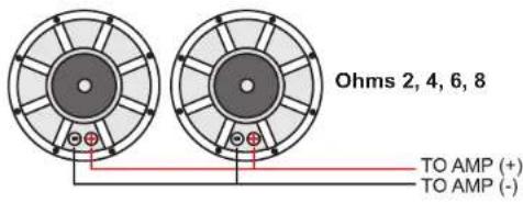 Ohms 2, 4, 6, 8 TO AMP (+) TO AMP (-)