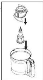 Diagram showing a mechanical assembly process with labeled steps: top view, downward arrow, and bottom view of a cylindrical container.