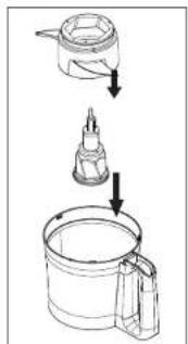 Diagram showing a step-by-step cooking process: dropping funnel, adding oil, and pouring into a container with a handle.