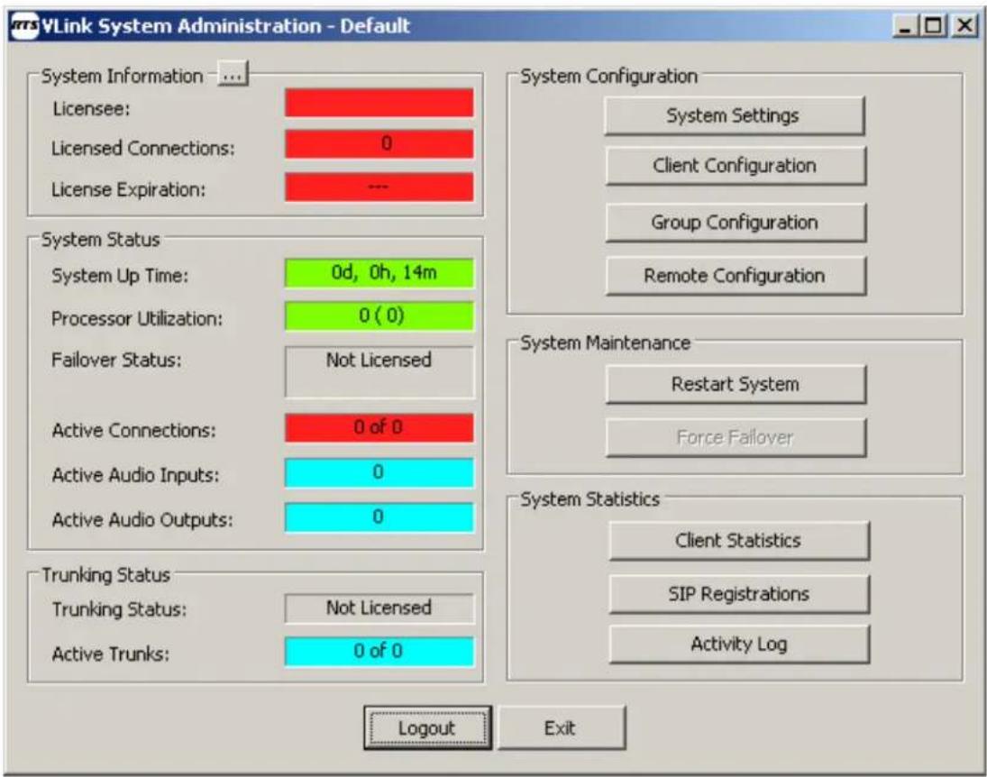 VLink System Administration - Default System Information ... Licensee: Licensed Connections: 0 License Expiration: --- System Configuration System Settings Client Configuration Group Configuration Remote Configuration System Status System Up Time: 0d, 0h, 14m Processor Utilization: 0 (0) Failover St…