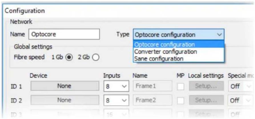 Configuration Network Name Optocore Type Optocore configuration Global settings Optocore configuration Fibre speed 1 Gb 2 Gb Converter configuration Sane configuration Device Inputs Name MP Local settings Special mo ID 1 None 8 Frame1 Setup... Off ID 2 None 8 Frame2 Setup... Off ID 3 16 Setup... Off