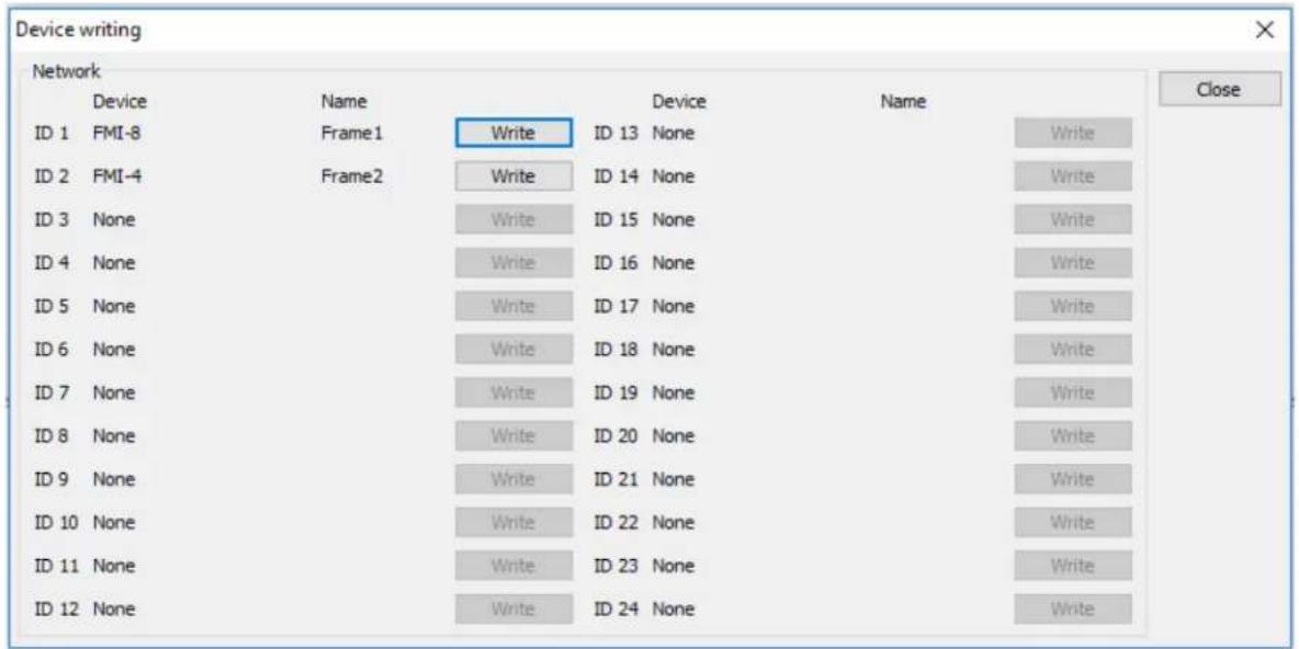 Device writing Network Device Name Device Name Close ID 1 FMI-8 Frame1 Write ID 13 None Write ID 2 FMI-4 Frame2 Write ID 14 None Write ID 3 None Write ID 15 None Write ID 4 None Write ID 16 None Write ID 5 None Write ID 17 None Write ID 6 None Write ID 18 None Write ID 7 None Write ID 19 None Write ID 8 None Write ID 20 None Write ID 9 None Write ID 21 None Write ID 10 None Write ID 22 None Write ID 11 None Write ID 23 None Write ID 12 None Write ID 24 None Write
