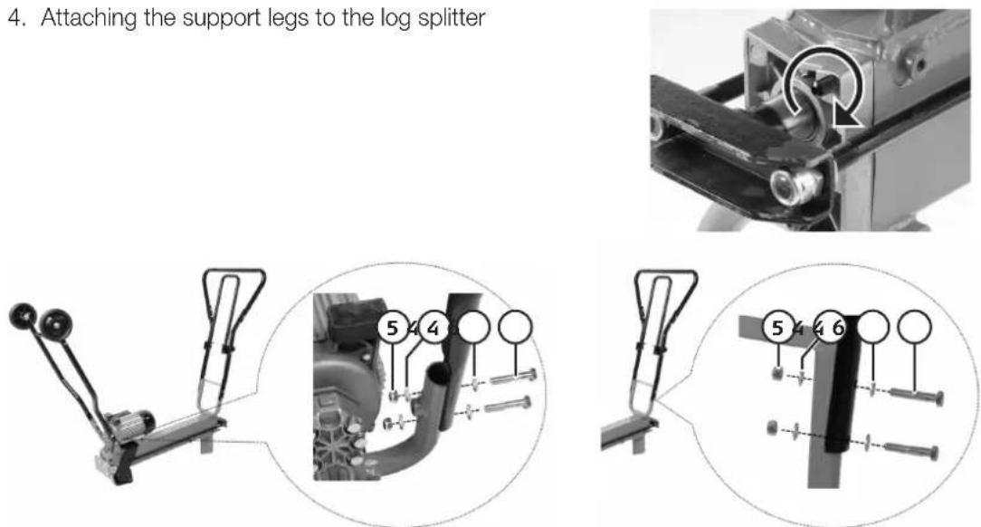 4. Attaching the support legs to the log splitter 5 4 5 4 6