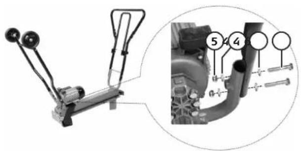 Technical diagram of a mechanical lever system with labeled parts and an inset close-up showing component details.