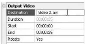 Output Video Destination video 2. av Duration 00:00:25 Start 00:00:00 End 00:00:25 Rotate Yes