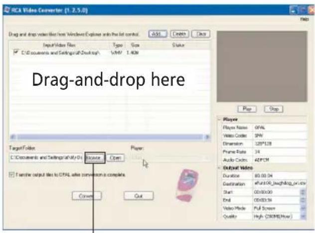 Drag-and-drop here Drag-and-drop version like from Windows Explorer with the list control. Add Create Stop Input Video Files Type Size Status C:\Documents and Settings\of Desktop\1.4CM Drag-and-drop here Target Folder C:\Documents and Settings\of My O Browse Open Twinthe output files to CPAL files conversion is complete. Conver Cut Player: Player Name: OPAL Video Code: SNV Dimension: 128*128 Frame Rate: 34 Audio Colors: 40°CFM Output Video Duration: 80.00.04 Destination: eRun100_boughdog_on.csw Start: 00:00:00 End: 05/03/24 Video Mode: Full Screen Quality: High (C:\COM\How) Play Stop