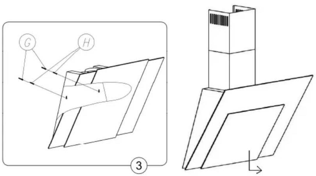 Technical diagram showing 3D object projection and 2D top view with labeled components G and H, including a numbered reference point.