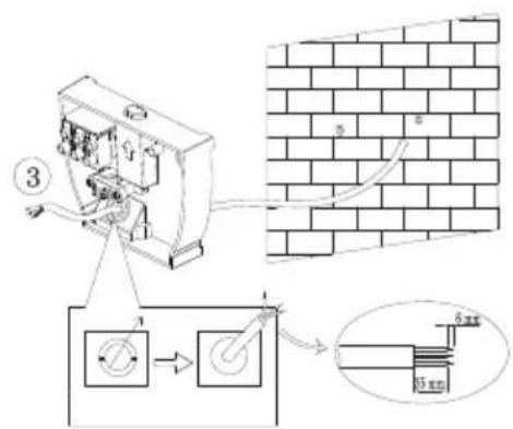 Technical diagram showing electrical wiring connection to a brick wall, with labeled components and wiring paths.