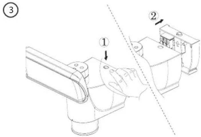 Technical diagram showing a hand operating a component with labeled parts and directional arrows