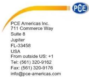 PCE PCE Americas Inc. 711 Commerce Way Suite 8 Jupiter FL-33458 USA From outside US: +1 Tel: (561) 320-9162 Fax: (561) 320-9176 info@pce-americas.com