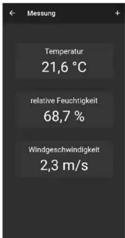 Messung Temperatur 21,6 °C relative Feuchtigkeit 68,7 % Windgeschwindigkeit 2,3 m/s