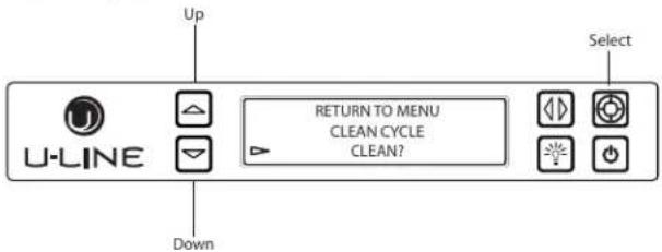 Up U-LINE Down RETURN TO MENU CLEAN CYCLE CLEAN? Select
