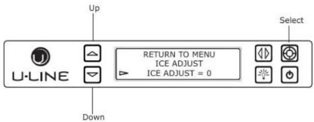 Up U-LINE Down RETURN TO MENU ICE ADJUST ICE ADJUST = 0 Select