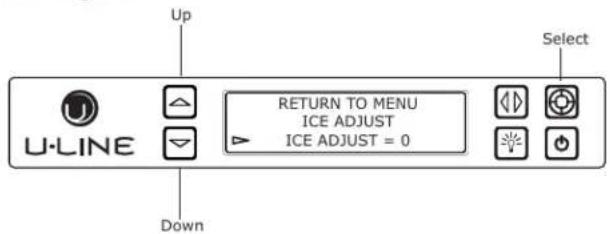 Up U-LINE RETURN TO MENU ICE ADJUST ICE ADJUST = 0 Down Select