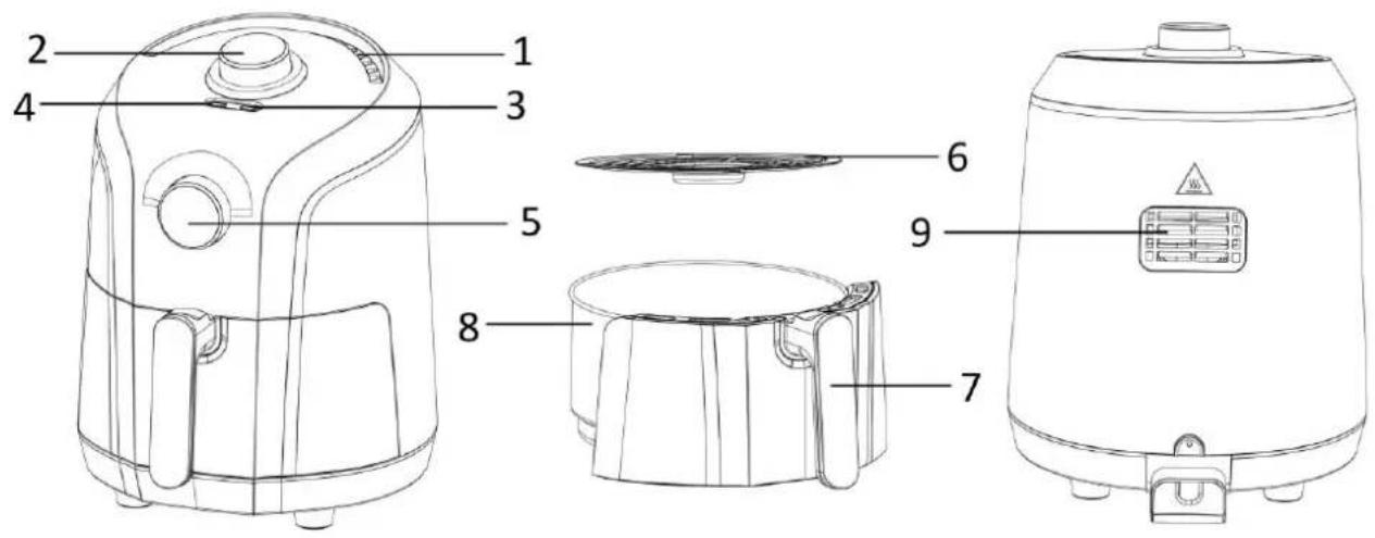Technical diagram of a rice cooker with numbered parts for identification