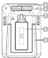 Technical diagram of a device with numbered parts labeled 11 to 15, showing internal components and wiring.
