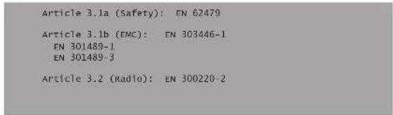 Article 3.1a (Safety): EN 62479 Article 3.1b (EMC): EN 303446-1 EN 301489-1 EN 301489-3 Article 3.2 (Radio): EN 300220-2