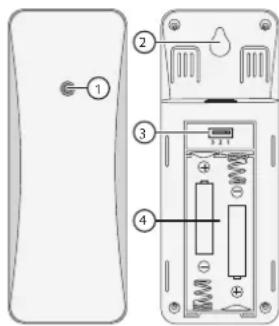 Diagram of a device rear panel with labeled components including battery, switch, and battery cells